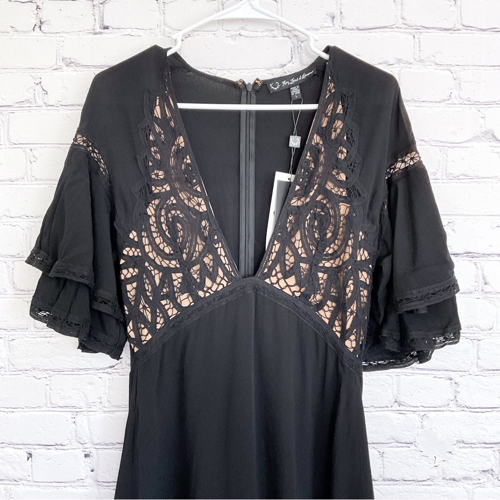New For Love & Lemons Carmine Black Dress Plunging V Neck Lace Short Size Large - Picture 3 of 9